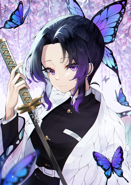 Anime picture 1909x2700 with kimetsu no yaiba ufotable kochou shinobu ango single tall image looking at viewer fringe highres short hair black hair smile purple eyes holding payot upper body outdoors long sleeves traditional clothes japanese clothes
