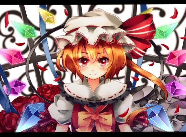 Anime picture 1300x960 with touhou flandre scarlet aru16 single looking at viewer blush short hair blonde hair red eyes girl dress flower (flowers) wings rose (roses) bonnet skull crystal