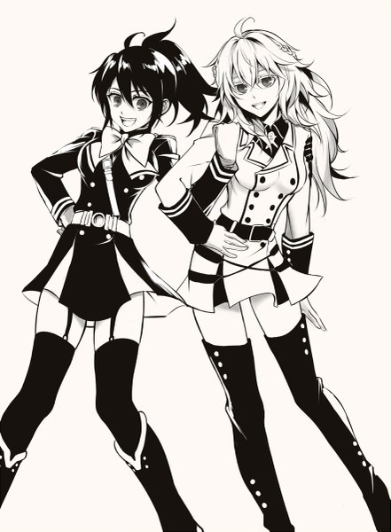 Anime picture 883x1200 with owari no seraph wit studio hyakuya yuuichirou hyakuya mikaela fcc long hair tall image looking at viewer fringe breasts open mouth black hair simple background white background multiple girls ahoge white hair ponytail monochrome genderswap