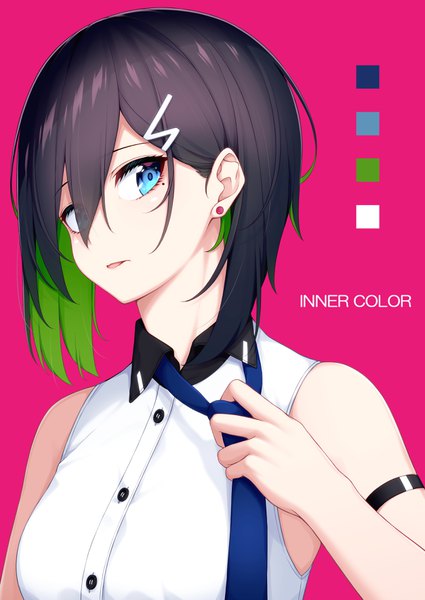 Anime picture 2508x3541 with original ochiai miyabi single tall image looking at viewer fringe highres short hair black hair simple background hair between eyes bare shoulders holding upper body head tilt multicolored hair green hair hair over one eye mole two-tone hair