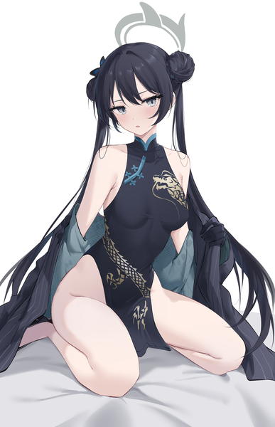 Anime picture 3795x5891 with blue archive kisaki (blue archive) feint721 single tall image looking at viewer blush highres breasts light erotic black hair simple background white background sitting twintails bare shoulders absurdres very long hair traditional clothes off shoulder
