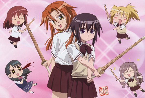 Anime picture 4440x3019 with bamboo blade kawazoe tamaki chiba kirino kuwahara sayako azuma satori highres chibi miyazaki miyako odajima reimi