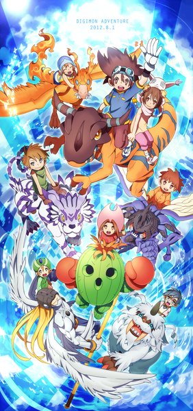 Anime picture 1041x2209 with digimon digimon adventure yagami taichi ishida yamato yagami hikari tachikawa mimi takaishi takeru takenouchi sora izumi koushirou tailmon kido jou angemon greymon birdramon garurumon ikkakumon kabuterimon togemon hajime (hajime-ill-1st) tall image