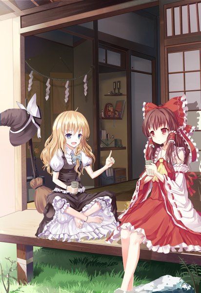 Anime picture 2031x2952 with touhou hakurei reimu kirisame marisa zerii (cdcdqqq) long hair tall image highres open mouth blue eyes blonde hair red eyes brown hair sitting multiple girls barefoot miko hat removed headwear removed indian style girl