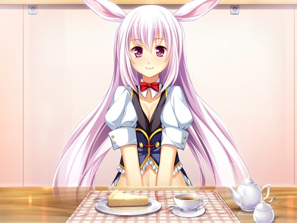 Anime picture 1600x1200 with otomimi infinity (game) kusahara hanemi long hair animal ears pink hair game cg pink eyes girl food