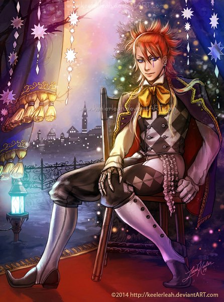 Anime picture 600x807 with kuroshitsuji a-1 pictures joker (kuroshitsuji) keelerleah single tall image short hair sitting purple eyes signed orange hair city christmas cityscape clothes on shoulders rhombus bone (bones) boy gloves earrings