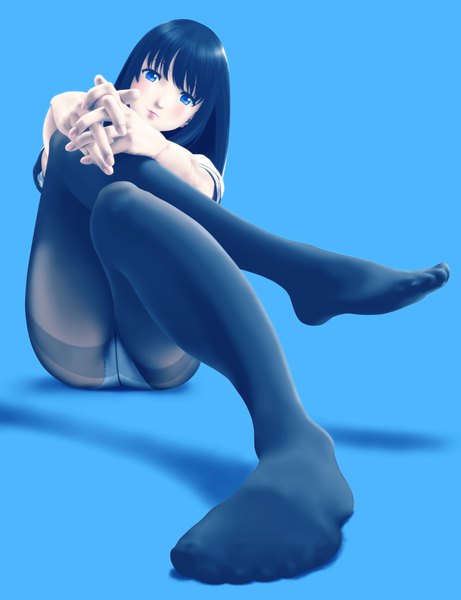 Anime picture 1600x2080 with original tora tsugumi single long hair tall image looking at viewer blush fringe blue eyes light erotic black hair simple background sitting full body blunt bangs shadow short sleeves no shoes crossed legs blue background