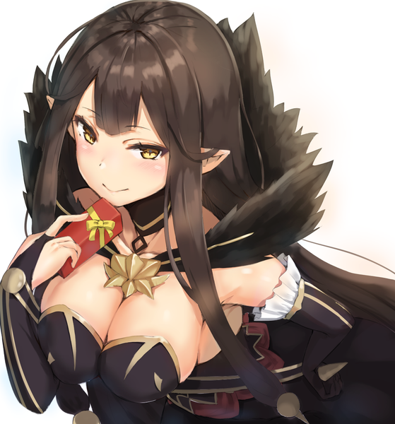 Anime picture 1024x1100 with fate (series) fate/apocrypha semiramis (fate) reinama single long hair tall image looking at viewer blush fringe breasts light erotic black hair simple background smile large breasts white background holding yellow eyes payot