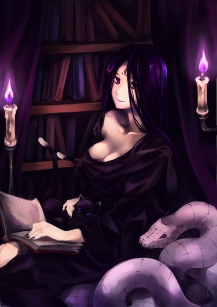 Anime picture 1403x1984 with kalalasan single long hair tall image looking at viewer breasts light erotic smile purple eyes purple hair nail polish off shoulder reading girl animal book (books) ground vehicle shelf candle (candles) bookshelf