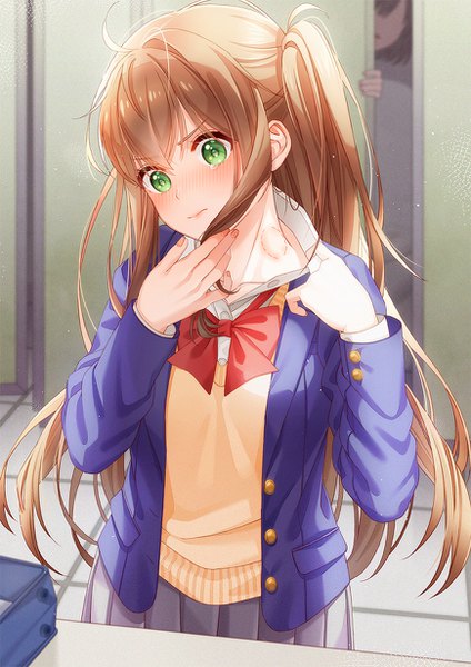 Anime picture 870x1230 with original unjem long hair tall image looking at viewer blush brown hair multiple girls green eyes payot ahoge indoors long sleeves head tilt pleated skirt fingernails open clothes embarrassed one side up solo focus