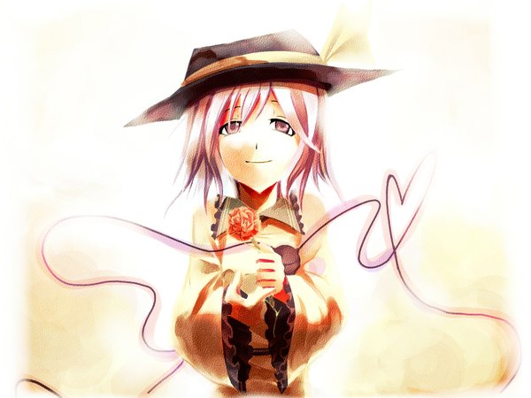 Anime picture 1800x1350 with touhou komeiji koishi sorano eika single looking at viewer highres short hair pink hair upper body pink eyes heart of string girl flower (flowers) hat heart eyeball