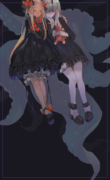 Anime picture 720x1180 with fate (series) fate/grand order abigail williams (fate) lavinia whateley (fate/grand order) kibadori rue long hair tall image fringe blonde hair multiple girls silver hair eyes closed girl dress bow 2 girls hair bow black dress toy stuffed animal