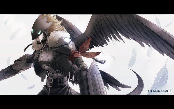 Anime picture 1446x906 with digimon digimon tamers beelzebumon hajime (hajime-ill-1st) short hair blonde hair wide image white background black wings feather (feathers) monster armband