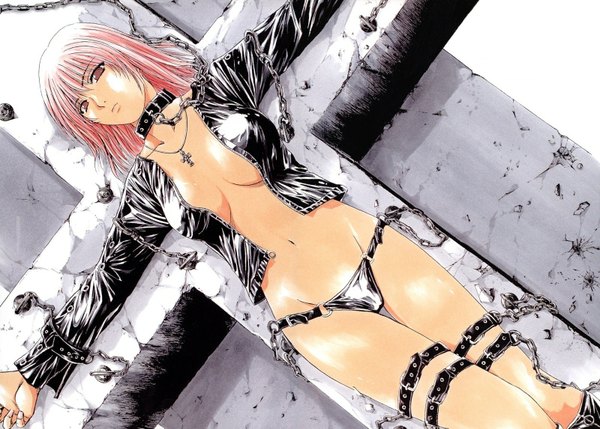 Anime picture 1600x1145 with tokko sakura rokujo tagme (artist) light erotic no bra bondage girl underwear panties chain collar