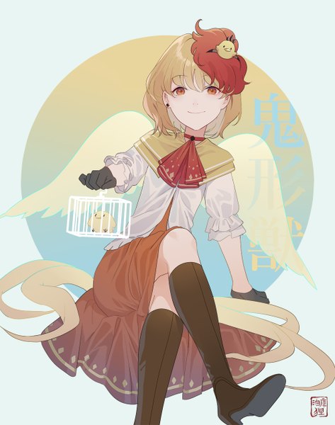 Anime picture 1000x1268 with touhou niwatari kutaka hillly (maiwetea) single tall image looking at viewer short hair blonde hair smile red eyes sitting holding arm support crossed legs girl gloves hair ornament wings black gloves knee boots