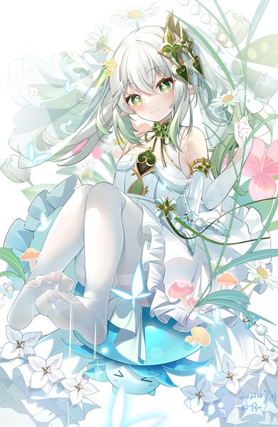 Anime picture 1304x2000 with genshin impact nahida (genshin impact) fungi (genshin impact) miaogujun single long hair tall image blush fringe light erotic hair between eyes twintails green eyes silver hair full body pointy ears no shoes symbol-shaped pupils adapted costume girl