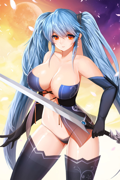 Anime picture 720x1080 with sword girls luthica preventer snowball22 single long hair tall image looking at viewer blush breasts light erotic smile large breasts twintails bare shoulders holding blue hair bare belly orange eyes girl thighhighs