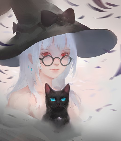 Anime picture 1000x1162 with original fom (lifotai) single long hair tall image looking at viewer red eyes white hair girl bow hat animal glasses cat witch hat
