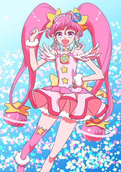 Anime picture 1191x1684 with precure star twinkle precure toei animation hoshina hikaru cure star keimi (artst) single long hair tall image looking at viewer blush fringe open mouth simple background smile hair between eyes twintails bare shoulders pink hair ahoge
