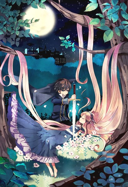 Anime picture 1034x1510 with hara (artist) long hair tall image blonde hair very long hair night sleeping dress flower (flowers) plant (plants) sword tree (trees) leaf (leaves) moon