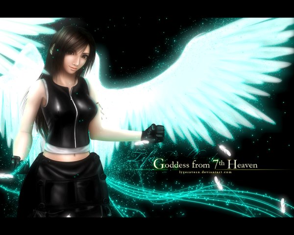 Anime picture 1280x1024 with final fantasy final fantasy vii square enix tifa lockhart lyzeravern single long hair smile brown hair brown eyes lips realistic inscription letterboxed girl gloves wings feather (feathers) fist