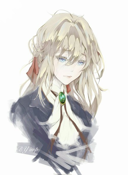 Anime picture 1077x1473 with violet evergarden kyoto animation violet evergarden (character) impimo single long hair tall image fringe blue eyes blonde hair simple background hair between eyes white background signed looking away portrait girl ribbon (ribbons) hair ribbon brooch