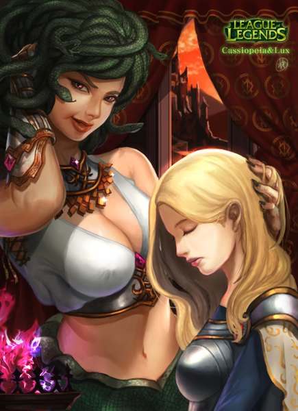 Anime picture 2000x2758 with league of legends lux (league of legends) cassiopeia (league of legends) supullim long hair tall image looking at viewer highres breasts blonde hair large breasts multiple girls eyes closed nail polish pink eyes fingernails lipstick red lipstick girl navel