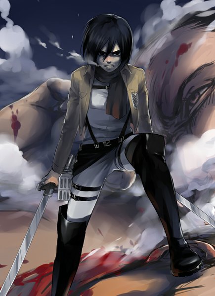 Anime picture 790x1090 with shingeki no kyojin production i.g mikasa ackerman titan (shingeki no kyojin) shiromi (ringo) tall image looking at viewer short hair black hair holding black eyes open clothes open jacket smoke exhalation dual wielding angry clenched teeth giant death