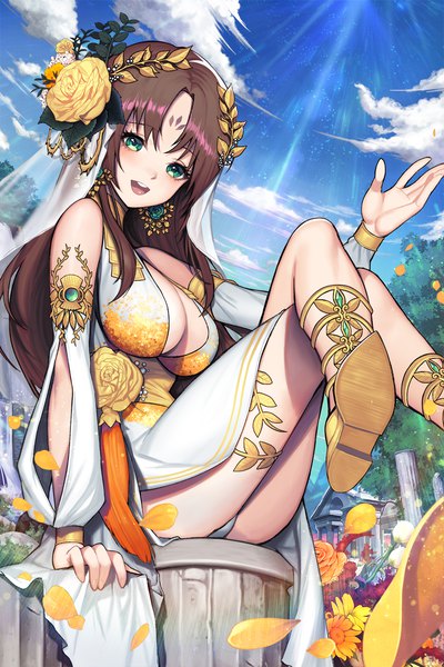 Anime picture 1000x1500 with original kyundoo single long hair tall image looking at viewer blush fringe breasts open mouth light erotic smile brown hair large breasts bare shoulders green eyes payot sky cloud (clouds) bent knee (knees)