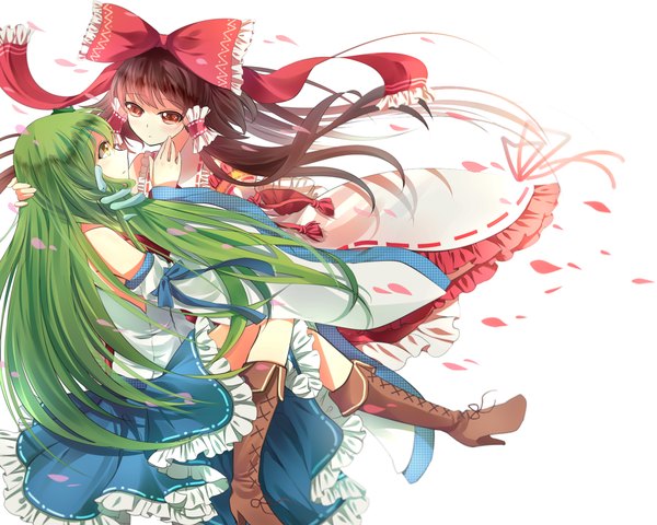 Anime picture 1536x1229 with touhou hakurei reimu kochiya sanae anthiea long hair simple background red eyes brown hair white background multiple girls yellow eyes green hair miko girl bow 2 girls hair bow detached sleeves petals boots