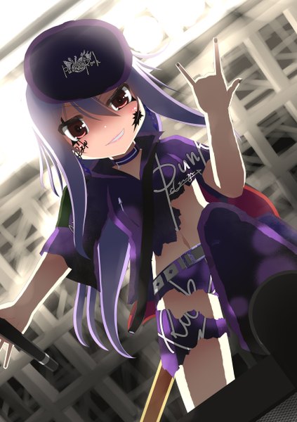 Anime picture 1748x2480 with original kyuu kurai single long hair tall image blush highres smile red eyes purple hair torn clothes face paint girl hat microphone