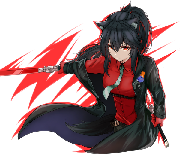 Anime picture 1716x1476 with arknights texas (arknights) texas (willpower) (arknights) lancer (worudrleh1) single long hair fringe highres black hair simple background hair between eyes red eyes standing white background animal ears payot looking away ponytail tail animal tail