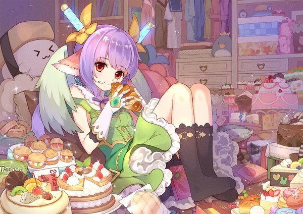 Anime picture 2279x1612 with isekai karano nono miyu (isekai karano nono) tsubasa tsubasa single looking at viewer short hair smile red eyes sitting animal ears purple hair indoors no shoes legs eating :t girl dress gloves hair ornament