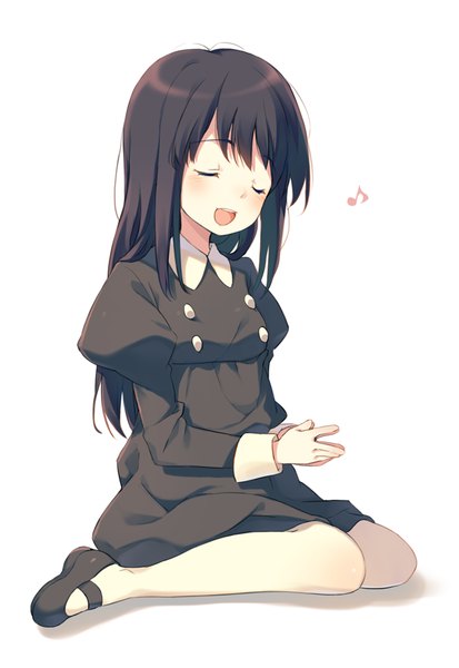 Anime-Bild 600x870 mit aldnoah.zero a-1 pictures kaizuka yuki yamucha single long hair tall image blush fringe open mouth black hair simple background white background sitting full body bent knee (knees) eyes closed puffy sleeves wariza alternate age