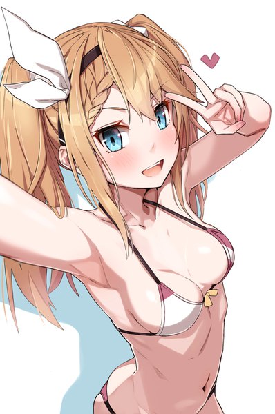 Anime picture 996x1500 with original takanashi kei (hitsujikan) single long hair tall image looking at viewer blush fringe breasts open mouth blue eyes light erotic simple background smile hair between eyes brown hair white background twintails payot cleavage