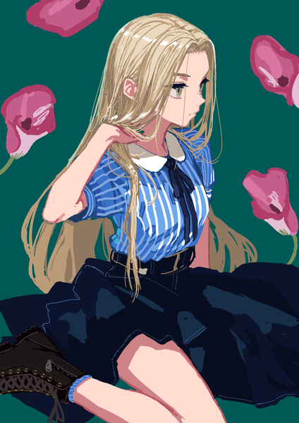 Anime picture 1447x2047 with original kaneni single long hair tall image blonde hair brown eyes looking away adjusting hair expressionless green background floral background girl skirt flower (flowers) blouse long skirt