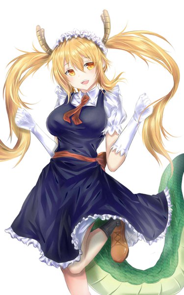 Anime picture 900x1440 with kobayashi-san chi no maidragon kyoto animation tooru (maidragon) fhilippedu single long hair tall image looking at viewer blush fringe breasts open mouth simple background blonde hair smile hair between eyes standing white background twintails yellow eyes
