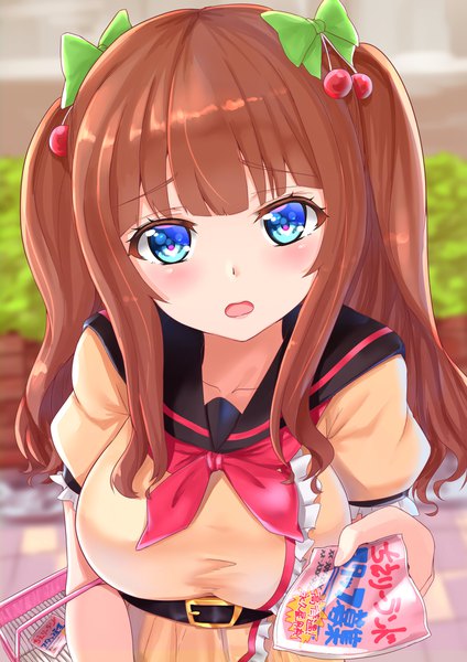Anime picture 1302x1842 with virtual youtuber .live kakyouin chieri tipo (tipoplaza) single long hair tall image looking at viewer blush fringe breasts open mouth blue eyes light erotic brown hair large breasts standing holding upper body outdoors