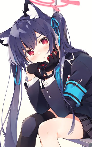 Anime picture 946x1500 with blue archive serika (blue archive) kano hito single long hair tall image looking at viewer blush fringe simple background hair between eyes red eyes white background sitting twintails animal ears blue hair slit pupils girl thighhighs