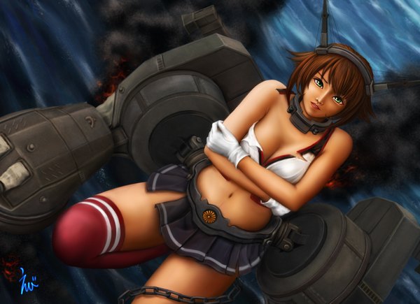 Anime picture 2000x1453 with kantai collection mutsu battleship ebi (eeotoko) single looking at viewer blush highres short hair breasts open mouth light erotic brown hair large breasts bare shoulders green eyes cleavage lips teeth bare belly torn clothes