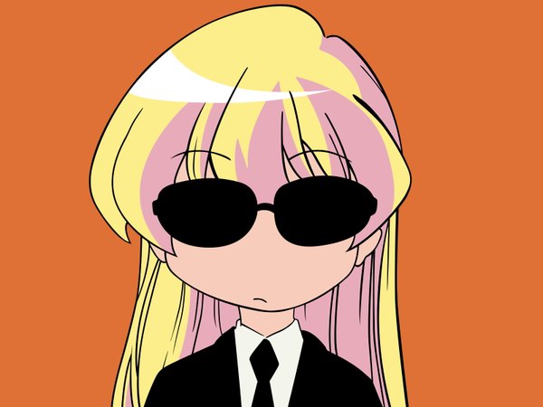 Anime picture 1600x1200 with pani poni dash! rebecca miyamoto single long hair fringe blonde hair orange background girl necktie sunglasses suit