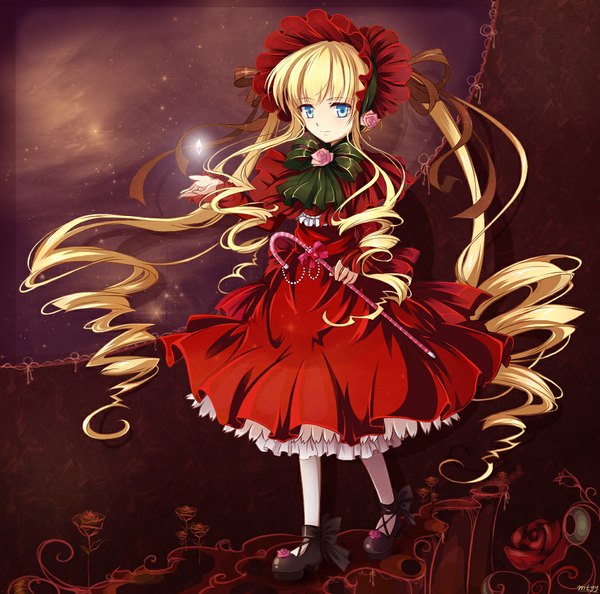 Anime picture 1000x990 with rozen maiden shinku mtyy single long hair blonde hair loli drill hair lolita fashion girl dress flower (flowers) bonnet cane