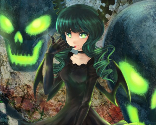 Anime picture 1280x1024 with black rock shooter dead master long hair looking at viewer green eyes horn (horns) green hair drill hair finger to mouth black wings girl dress gloves wings tongue black dress skull