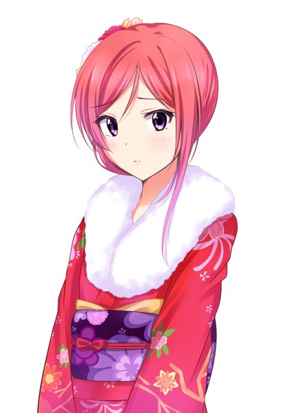 Anime picture 680x1000 with love live! school idol project sunrise (studio) love live! nishikino maki yuki (sangeki5806) single tall image short hair simple background white background purple eyes red hair traditional clothes japanese clothes girl kimono obi fur-trimmed kimono