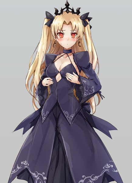 Anime picture 1800x2489 with fate (series) fate/grand order artoria pendragon (all) saber alter ereshkigal (fate) samoore single long hair tall image looking at viewer blush fringe highres breasts blonde hair simple background standing cleavage grey background orange eyes