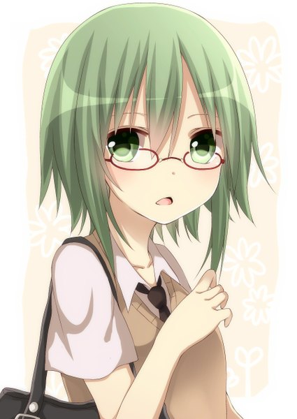 Anime picture 900x1270 with vocaloid gumi yamasuta single tall image short hair open mouth simple background white background green eyes green hair girl uniform school uniform glasses