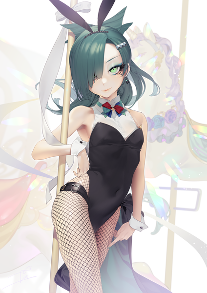 Anime picture 2894x4093 with shining star jay (shining star) ohisashiburi single long hair tall image looking at viewer fringe highres breasts light erotic simple background standing white background bare shoulders green eyes animal ears nail polish green hair light smile