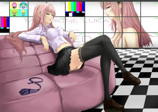 Anime picture 1228x868 with vocaloid megurine luka din (raiden) long hair purple eyes pink hair legs crossed legs girl thighhighs skirt black thighhighs miniskirt shirt couch