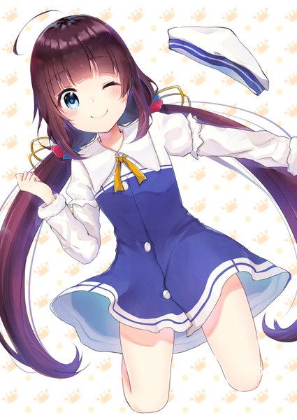 Anime picture 1200x1694 with ryuuou no oshigoto! hinatsuru ai gyozanuko single long hair tall image looking at viewer blush fringe blue eyes smile brown hair twintails payot ahoge blunt bangs long sleeves one eye closed wink low twintails