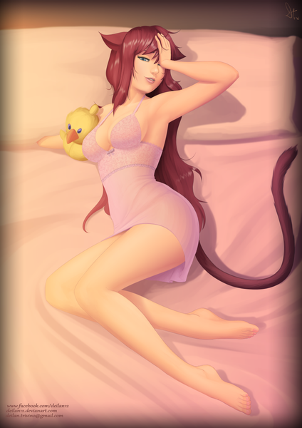 Anime picture 877x1240 with deilan12 (artist) single long hair tall image looking at viewer breasts blue eyes light erotic animal ears bent knee (knees) red hair tail lying animal tail one eye closed light smile cat ears bare legs armpit (armpits) cat girl